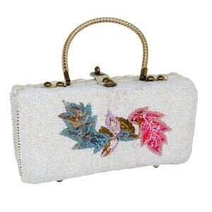1980s Vintage Midas of Miami White Wicker Beaded Retro Floral Handbag
